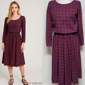 Candi Jones Vintage 70s Red Blue Plaid Smocked Puff Shoulder Long Sleeve Dress